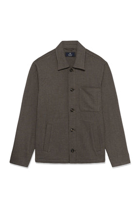 Matinique men's flat front product view of a brown-gray textured overshirt with button closure and pockets