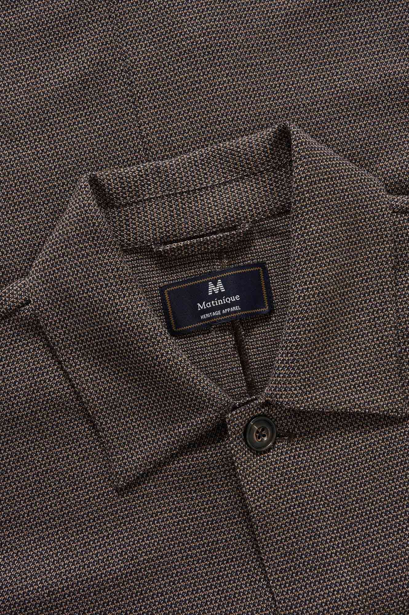 Matinique men's close detail of the brown-gray textured overshirt collar, button and interior label
