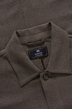 Matinique men's close detail of the brown-gray textured overshirt collar, button and interior label