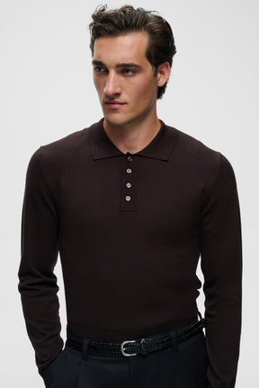 Matinique men's close front view of a dark brown long sleeve polo showing collar, buttons, and shoulder seams