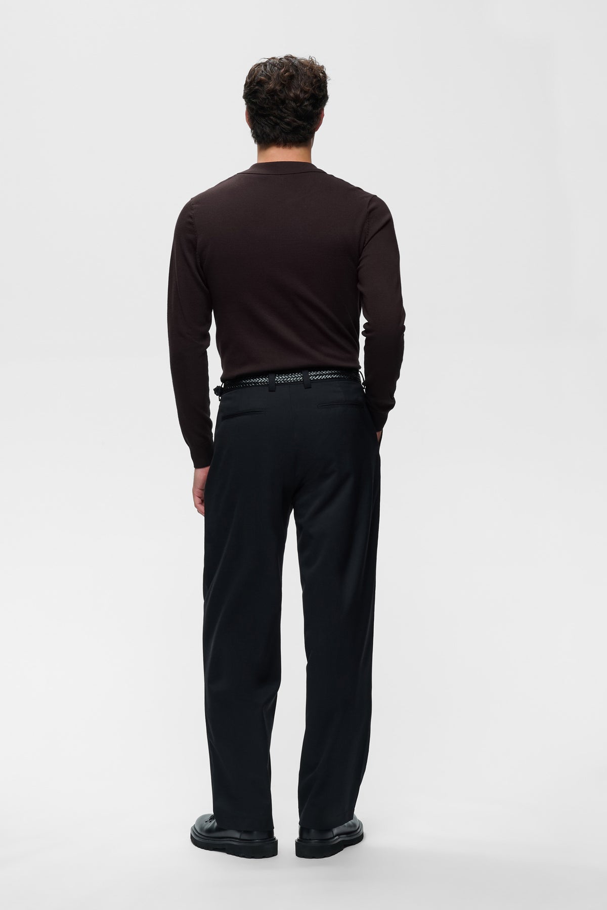 Matinique men's dark brown long sleeve polo showing a plain knit back and long sleeves, back view