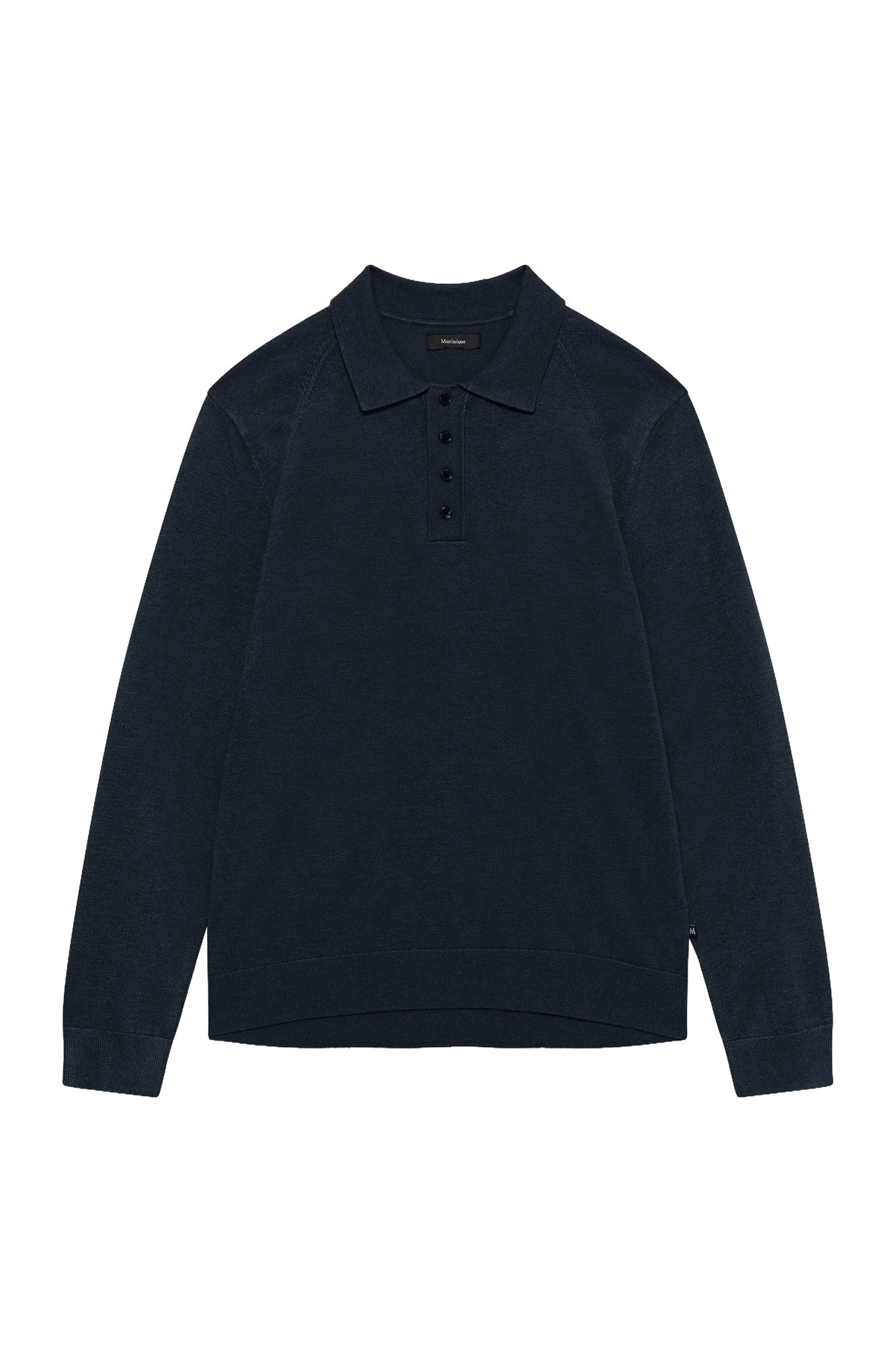 Polo en tricot bleu marine foncé à manches longues, vue avant avec col et ourlet côtelé pour homme par Matinique