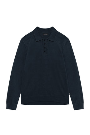 Polo en tricot bleu marine foncé à manches longues, vue avant avec col et ourlet côtelé pour homme par Matinique