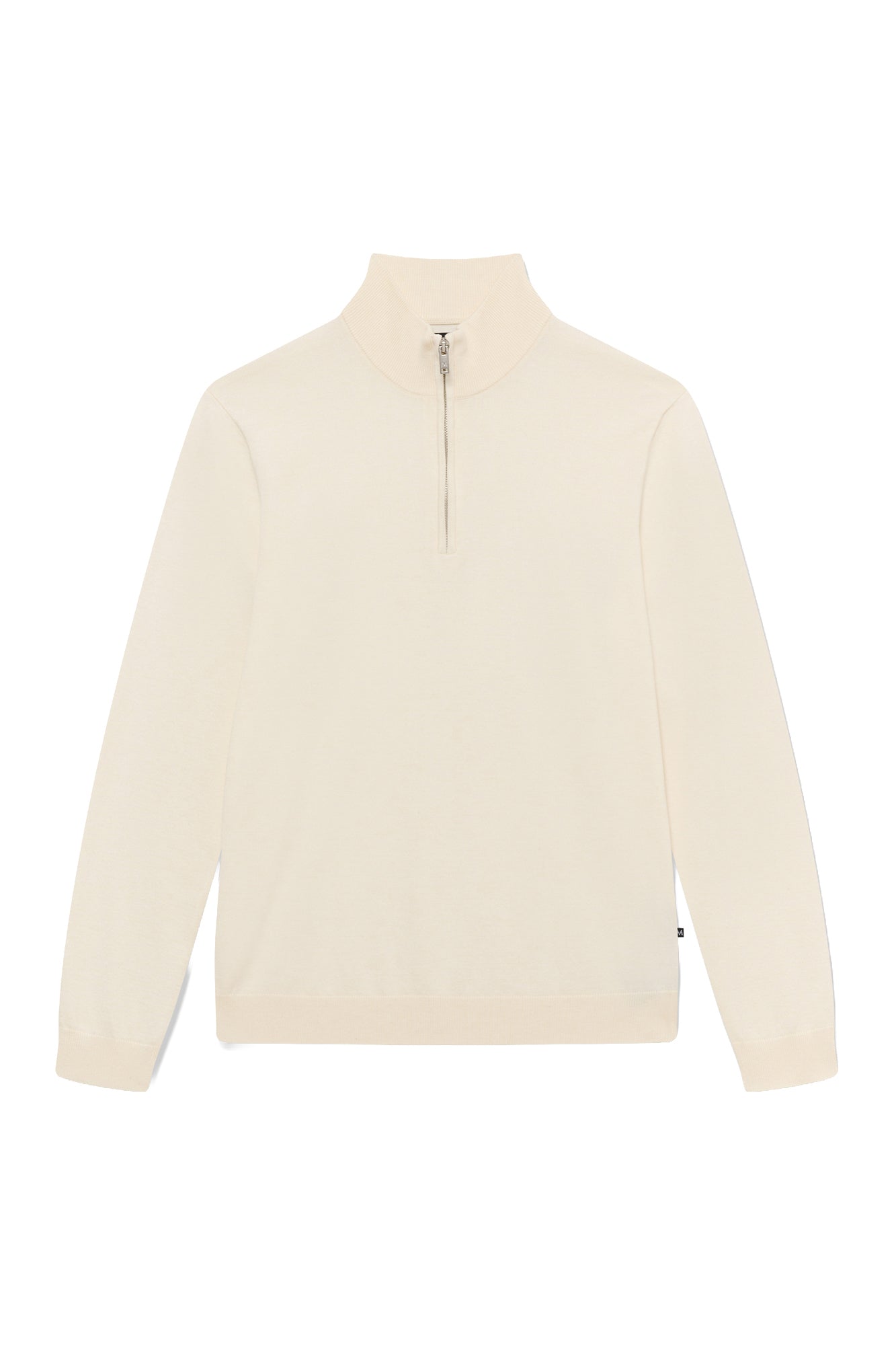 Men's ivory quarter-zip knit long-sleeve knit sweater with ribbed mock neck, cuffs and hem, front product view by Matinique