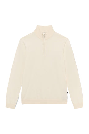 Men's ivory quarter-zip knit long-sleeve knit sweater with ribbed mock neck, cuffs and hem, front product view by Matinique