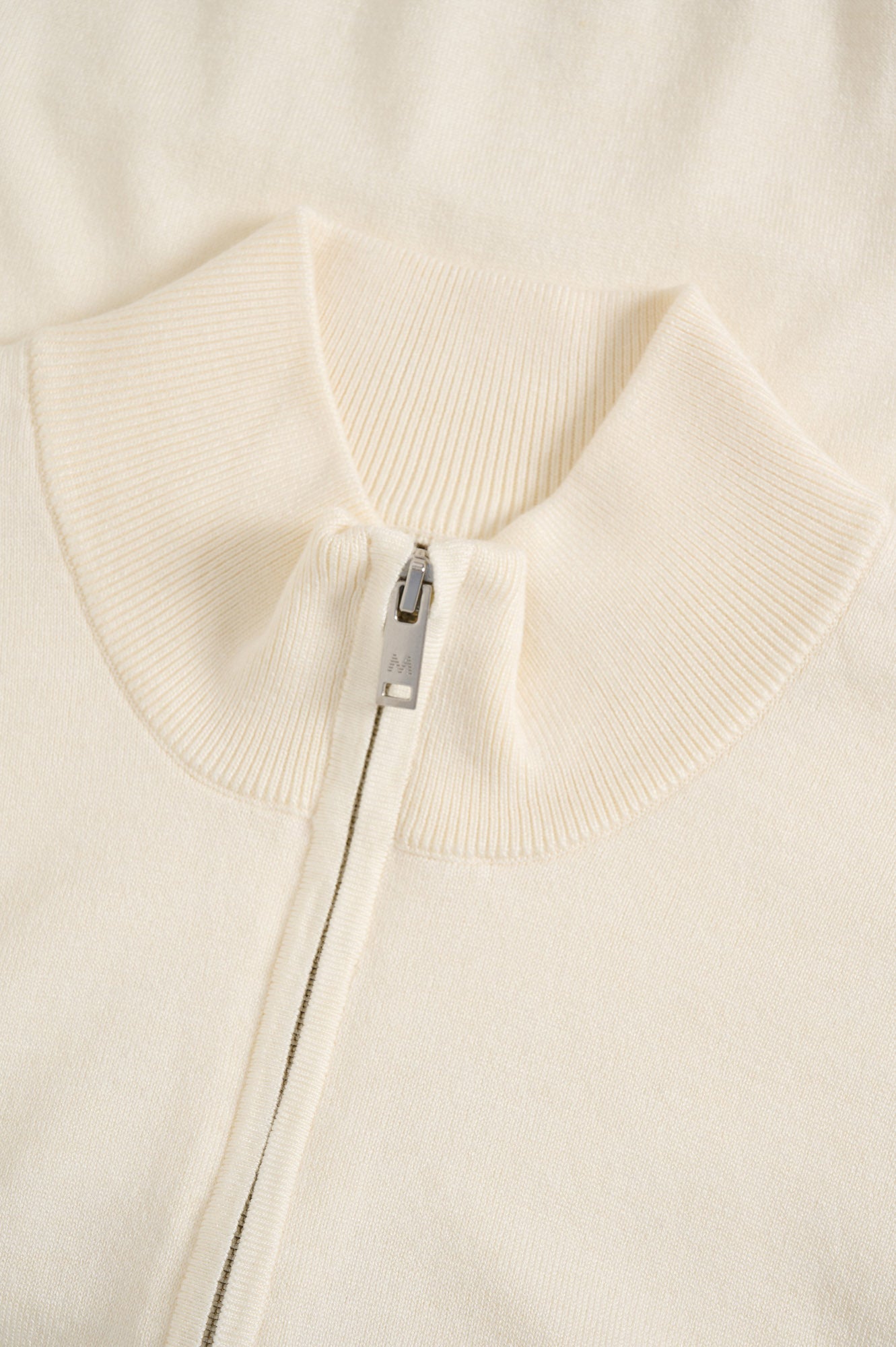 Matinique men's ivory ribbed mock neck and metal quarter-zip closure on knit long-sleeve knit sweater, close-up