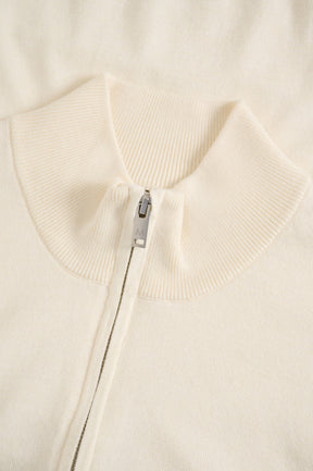 Matinique men's ivory ribbed mock neck and metal quarter-zip closure on knit long-sleeve knit sweater, close-up