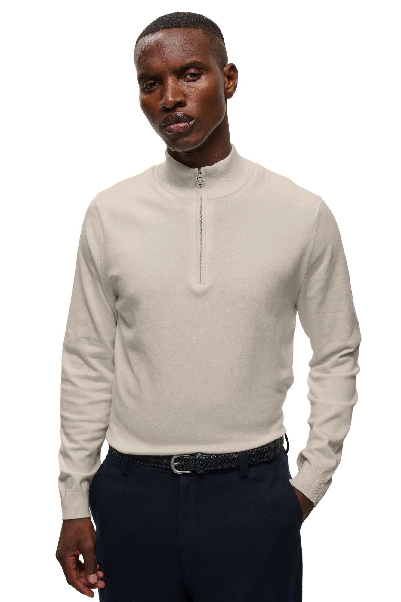 Matinique men's ivory quarter-zip knit long-sleeve knit sweater with ribbed mock neck and, front model view
