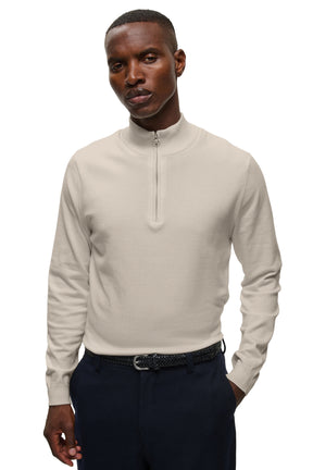 Matinique men's ivory quarter-zip knit long-sleeve knit sweater with ribbed mock neck and, front model view