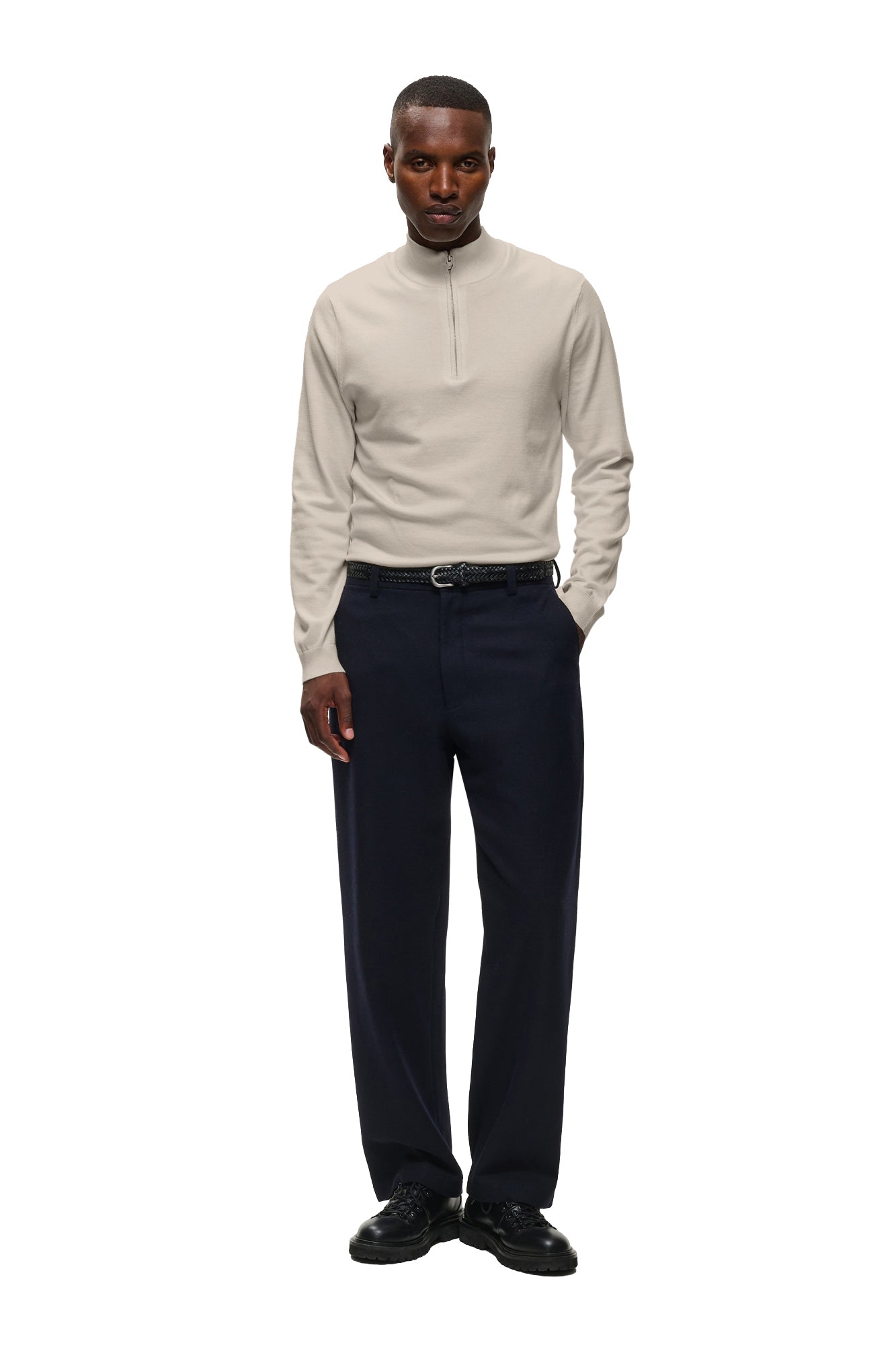 Matinique men's full-length front model view of ivory quarter-zip long-sleeve knit sweater styled with navy pants