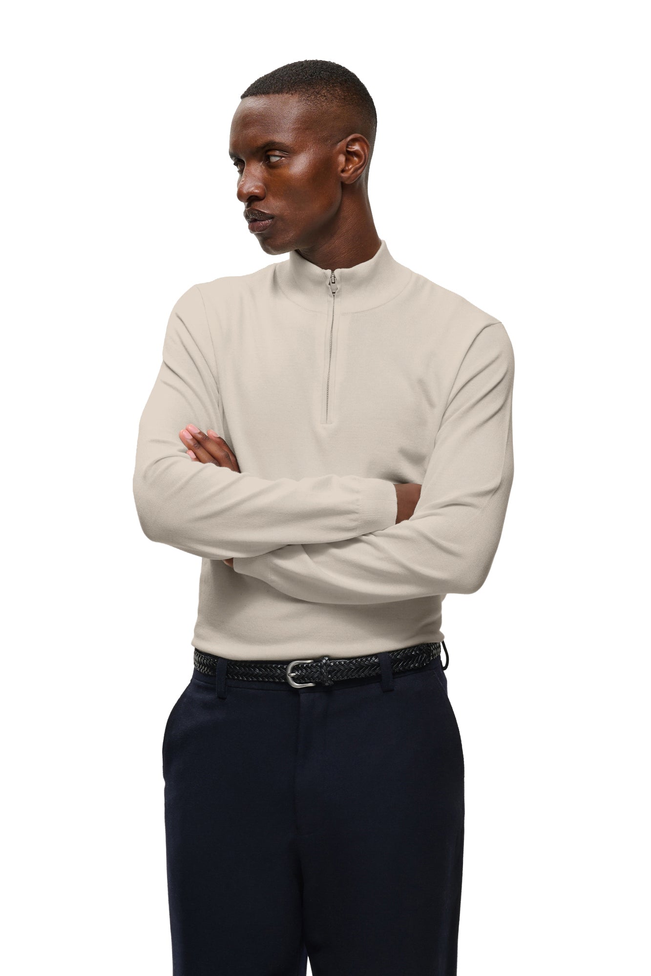 Men's angled model view of ivory quarter-zip knit long-sleeve knit sweater with ribbed collar, side view by Matinique