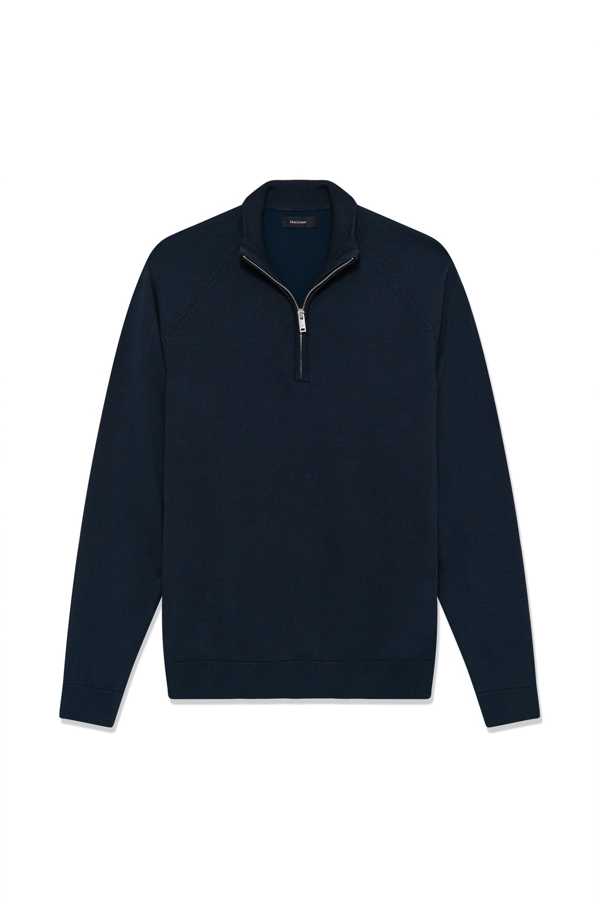 Matinique men's navy quarter-zip knit long-sleeve knit sweater with ribbed collar, cuffs, and hem, front view