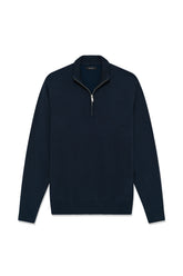 Matinique men's navy quarter-zip knit long-sleeve knit sweater with ribbed collar, cuffs, and hem, front view