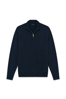 Chandail manches longues en tricot marine à demi-glissière, col, poignets pour homme par Matinique, vue de face