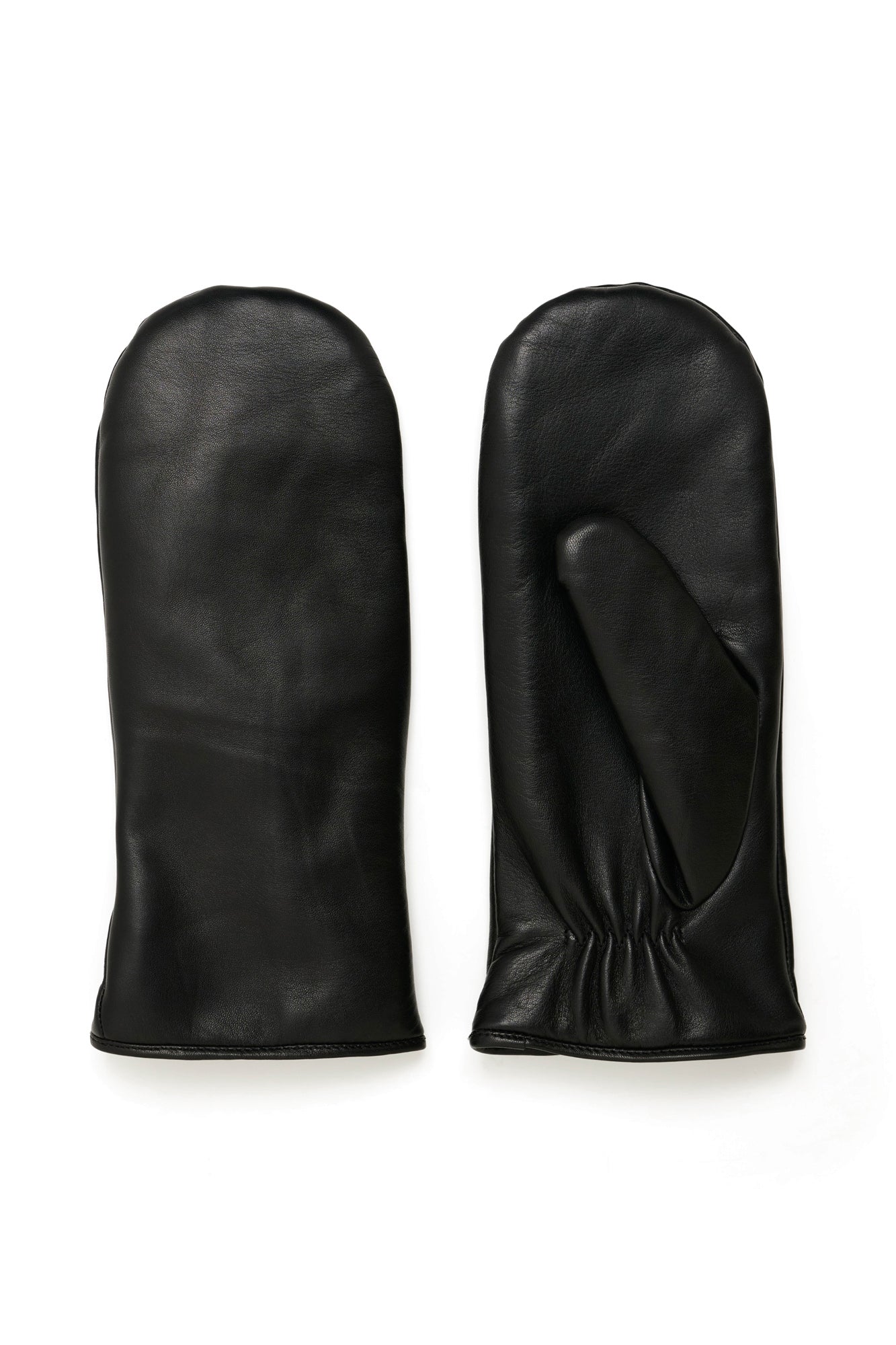 Mitaines noires en cuir, paire complète avec bouts arrondis et pouce, vue produit pour femme par Part Two