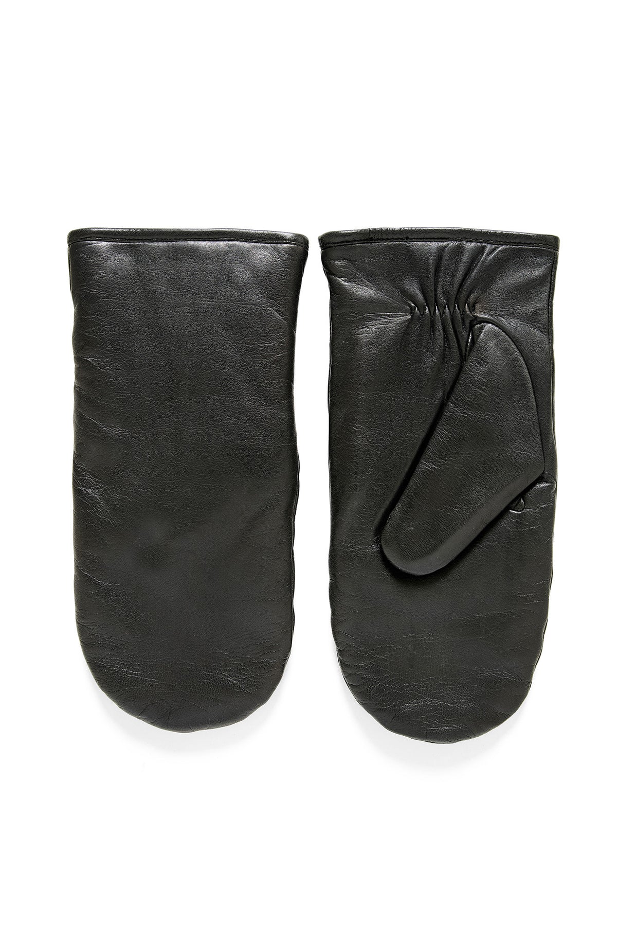 Part Two women's black leather mittens in full view, showing smooth palm side and gathered thumb side, product view
