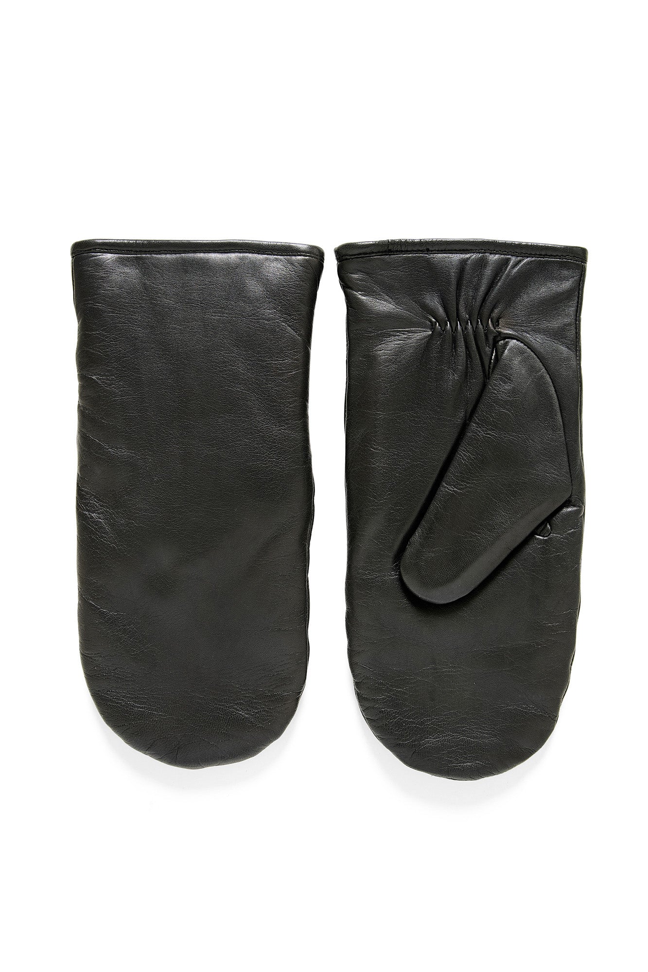 Mitaines noires en cuir en vue complète avec côté lisse et côté pouce froncé visibles en vue produit pour femme par Part Two