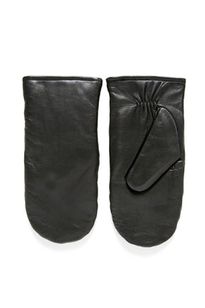 Mitaines noires en cuir en vue complète avec côté lisse et côté pouce froncé visibles en vue produit pour femme par Part Two