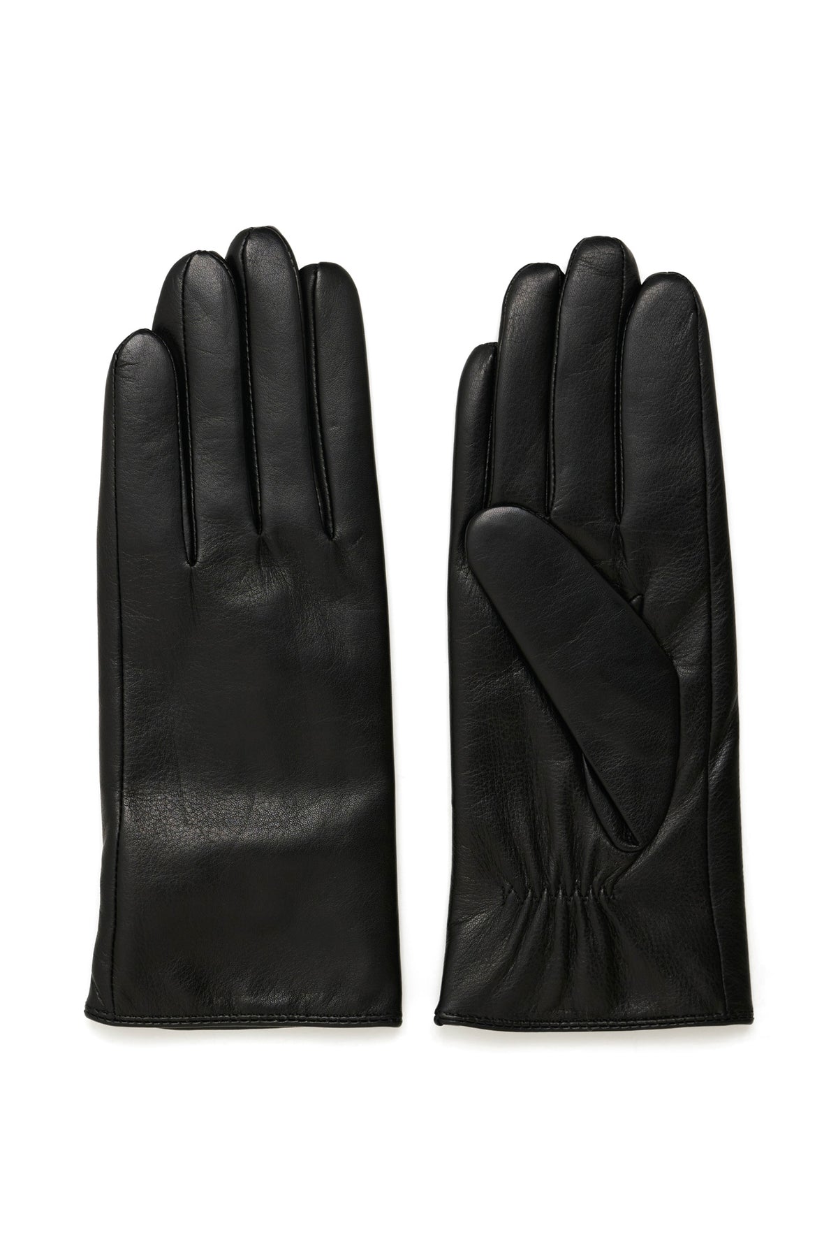 Part Two women's black leather gloves shown as a full pair with stitched fingers and one palm-side thumb view, product view