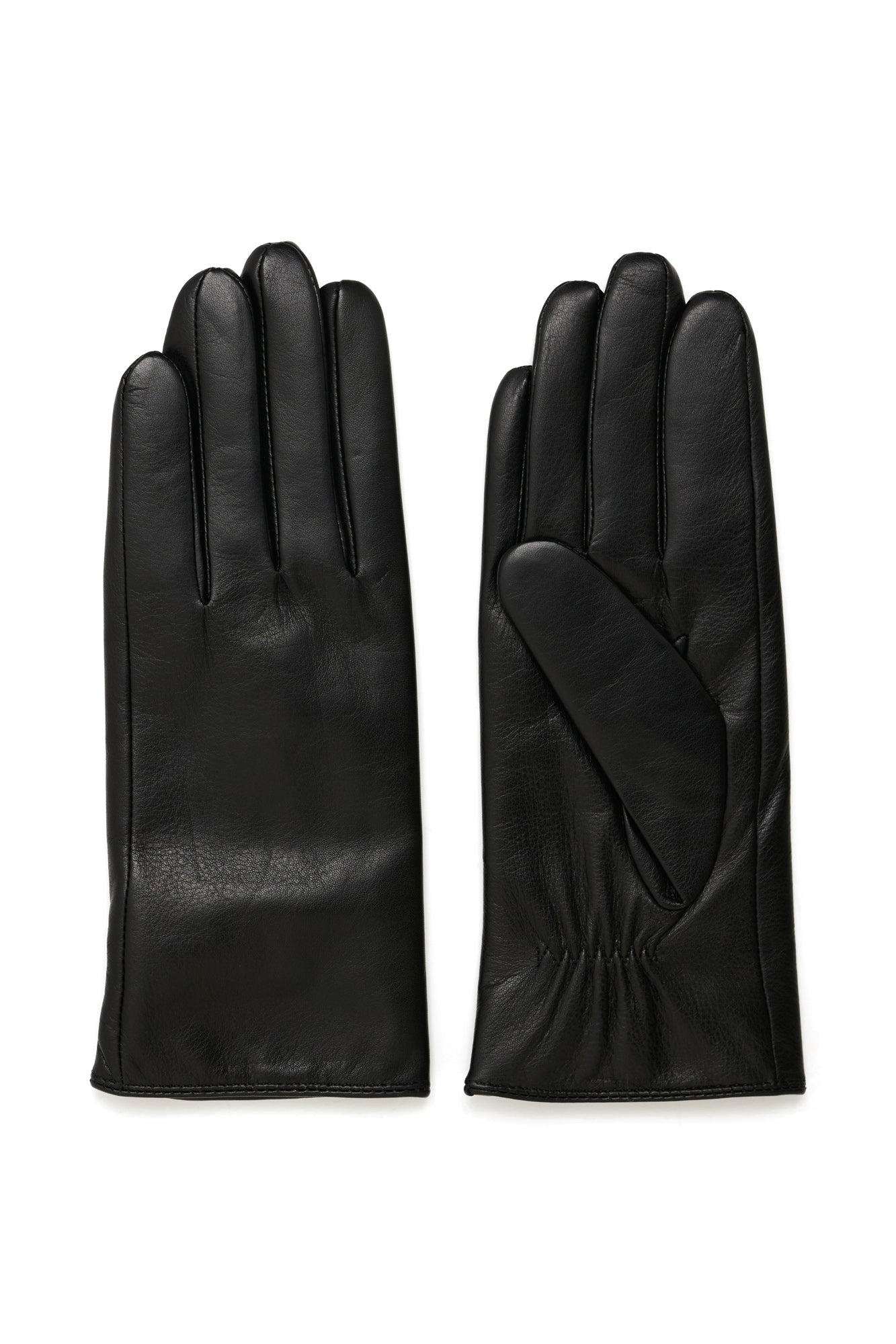 Gants en cuir noir montrés en paire complète avec doigts cousus, vue produit pour femme par Part Two