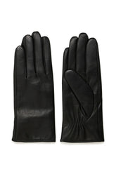 Gants en cuir noir montrés en paire complète avec doigts cousus, vue produit pour femme par Part Two