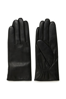 Gants en cuir noir montrés en paire complète avec doigts cousus, vue produit pour femme par Part Two