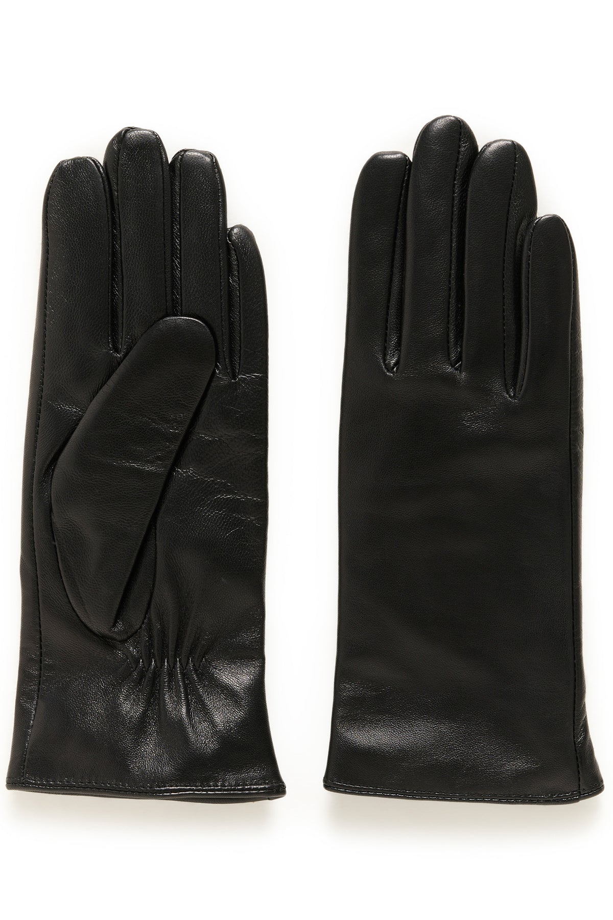 Women's black leather gloves shown as a pair with one palm side and one smooth back side visible, product view by Part Two