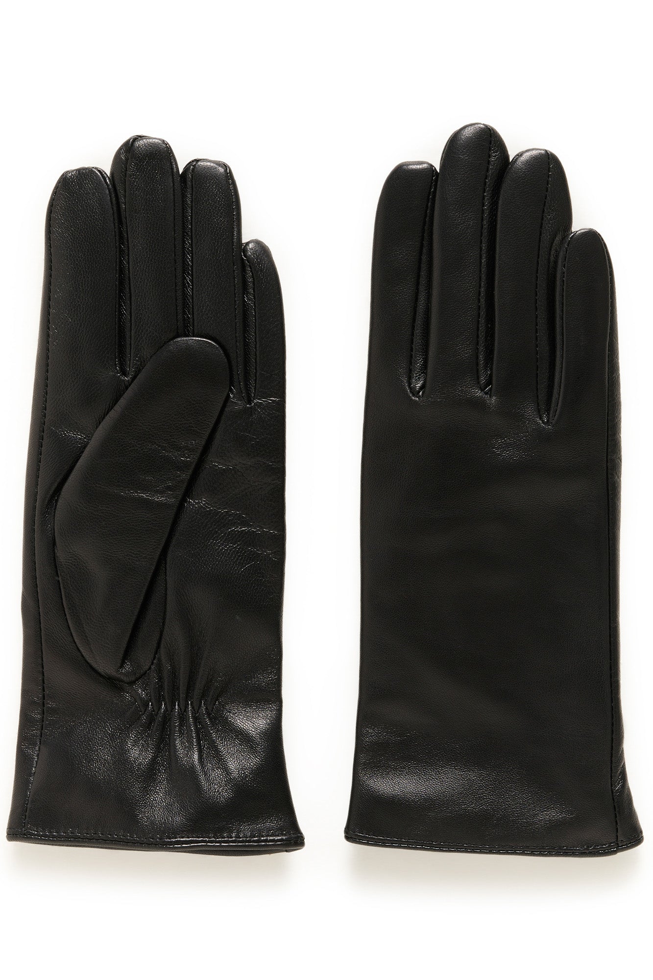 Gants en cuir noir montrés en paire avec un côté paume et un dos lisse visibles en vue produit pour femme par Part Two