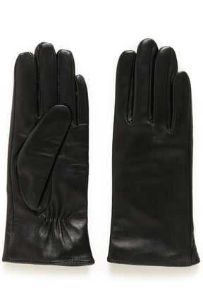 Gants en cuir noir montrés en paire avec un côté paume et un dos lisse visibles en vue produit pour femme par Part Two