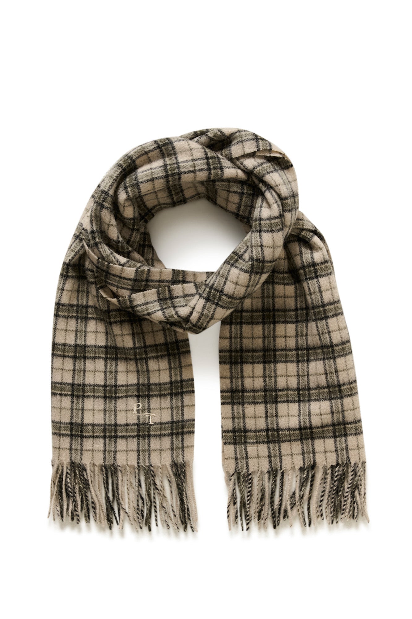 Foulard à carreaux beige noué, lignes noires, franges et petit monogramme PT brodé, vue produit pour femme par Part Two