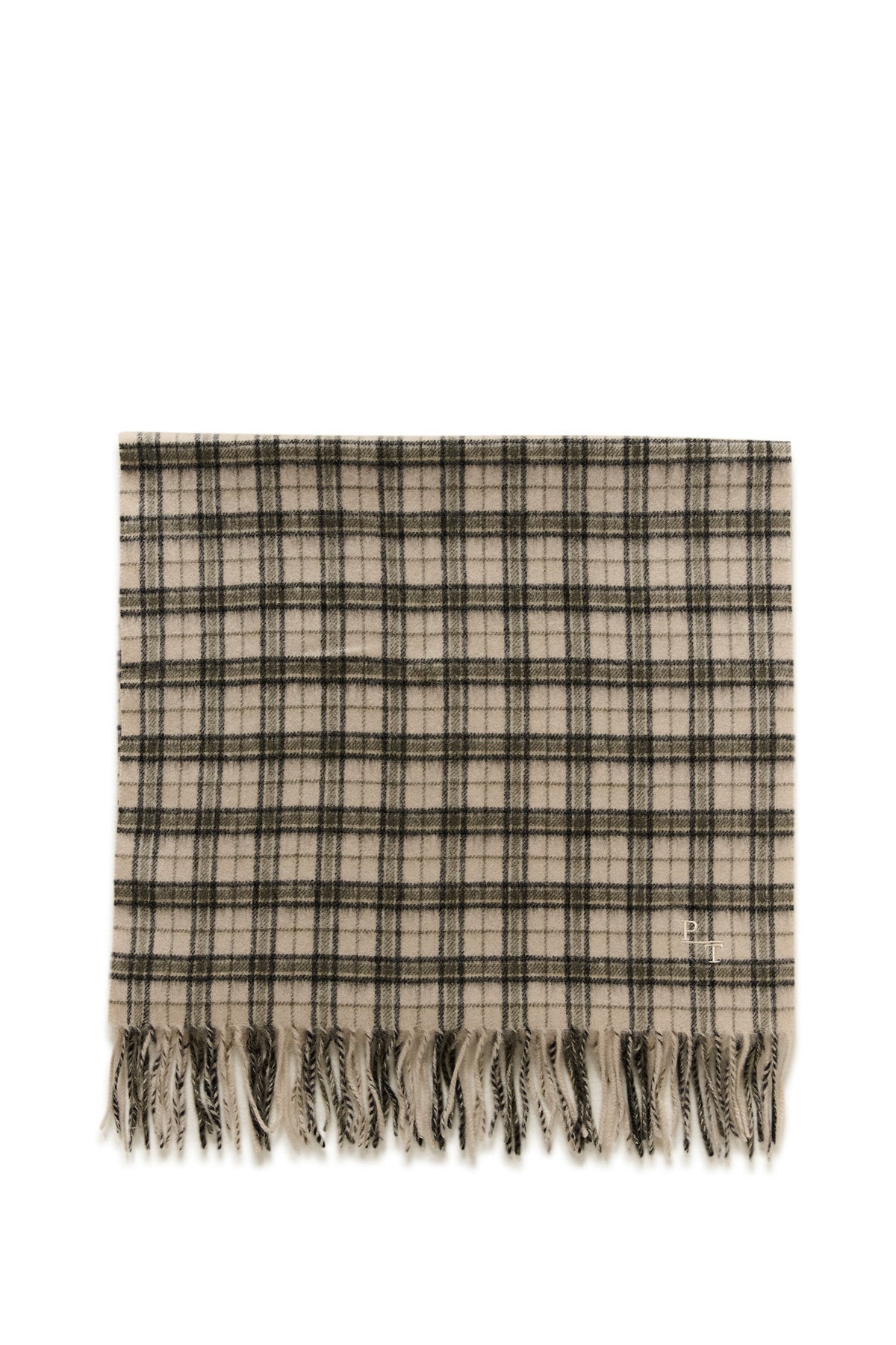 Part Two women's flat view of beige plaid scarf with black lines, bottom fringe, and small embroidered PT monogram