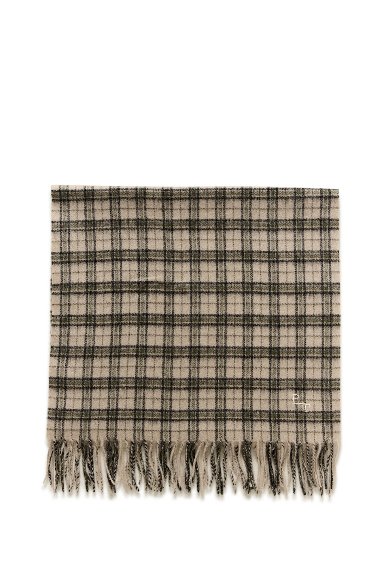 Foulard à carreaux beige avec lignes noires ainsi que frange et petit monogramme PT brodé pour femme par Part Two en vue à plat