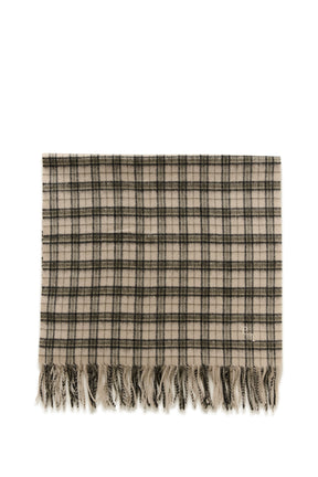 Foulard à carreaux beige avec lignes noires ainsi que frange et petit monogramme PT brodé pour femme par Part Two en vue à plat