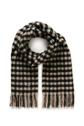 Foulard à carreaux beige et noir avec franges et monogramme brodé, vue produit pour femme par Part Two