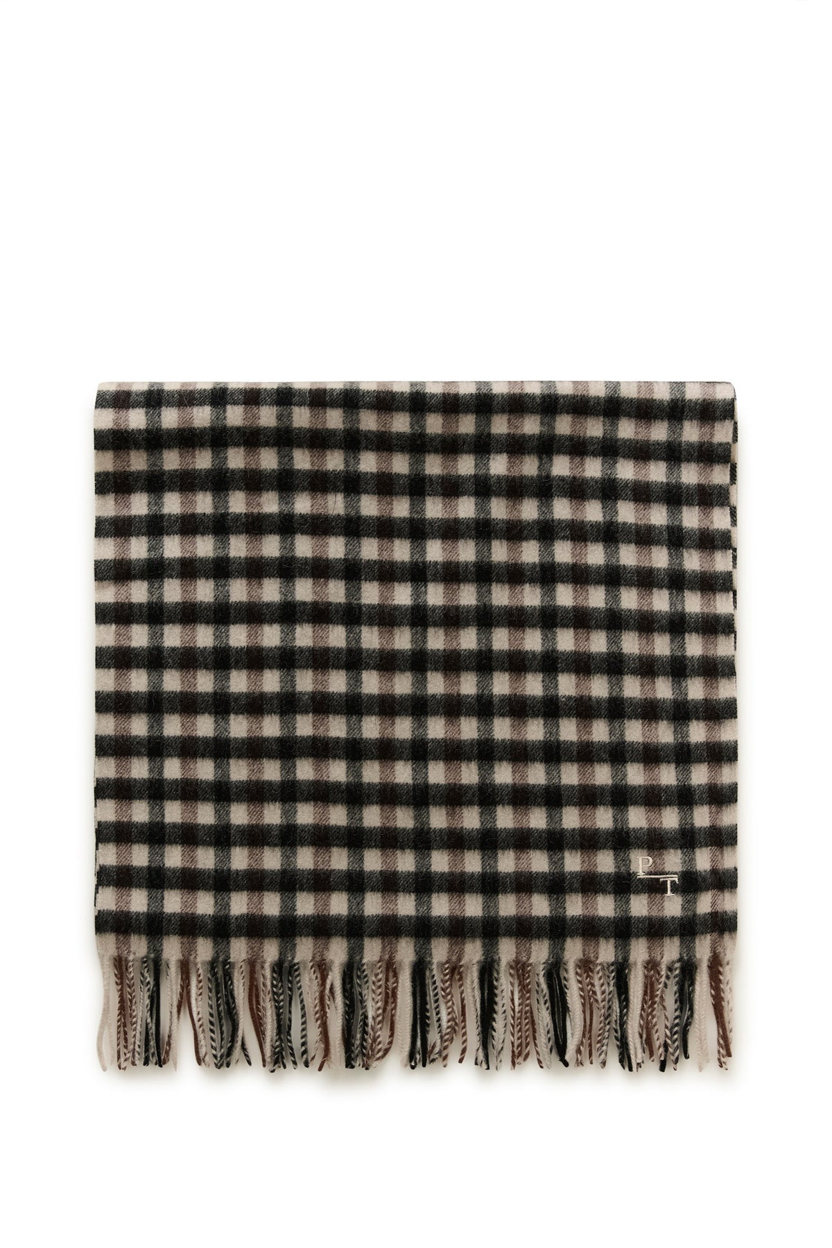 Part Two women's folded beige and black plaid scarf with brown accents and fringe ends, flat lay view