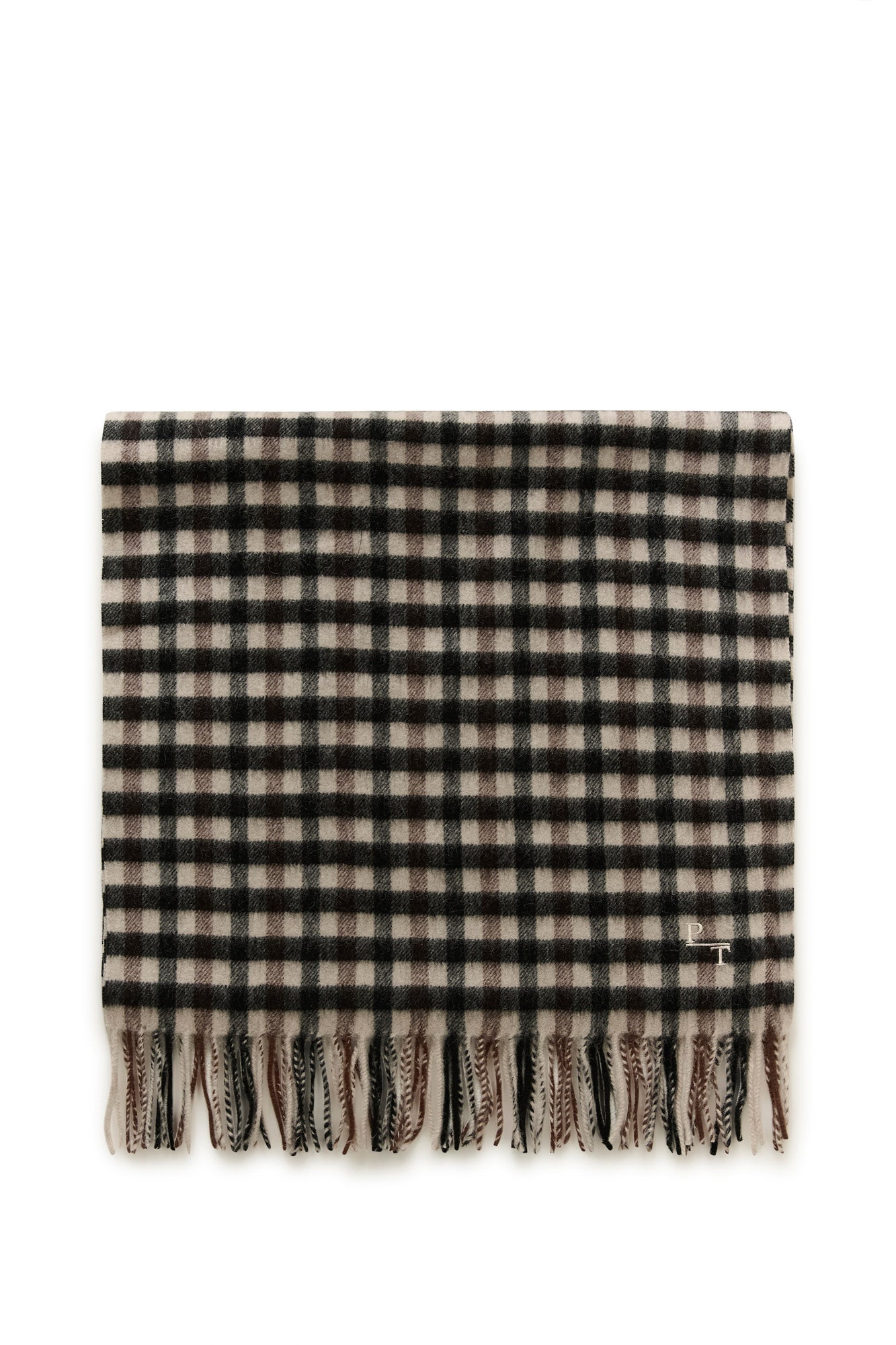 Foulard plié à carreaux beige et noir avec accents bruns et franges en vue a plat pour femme par Part Two