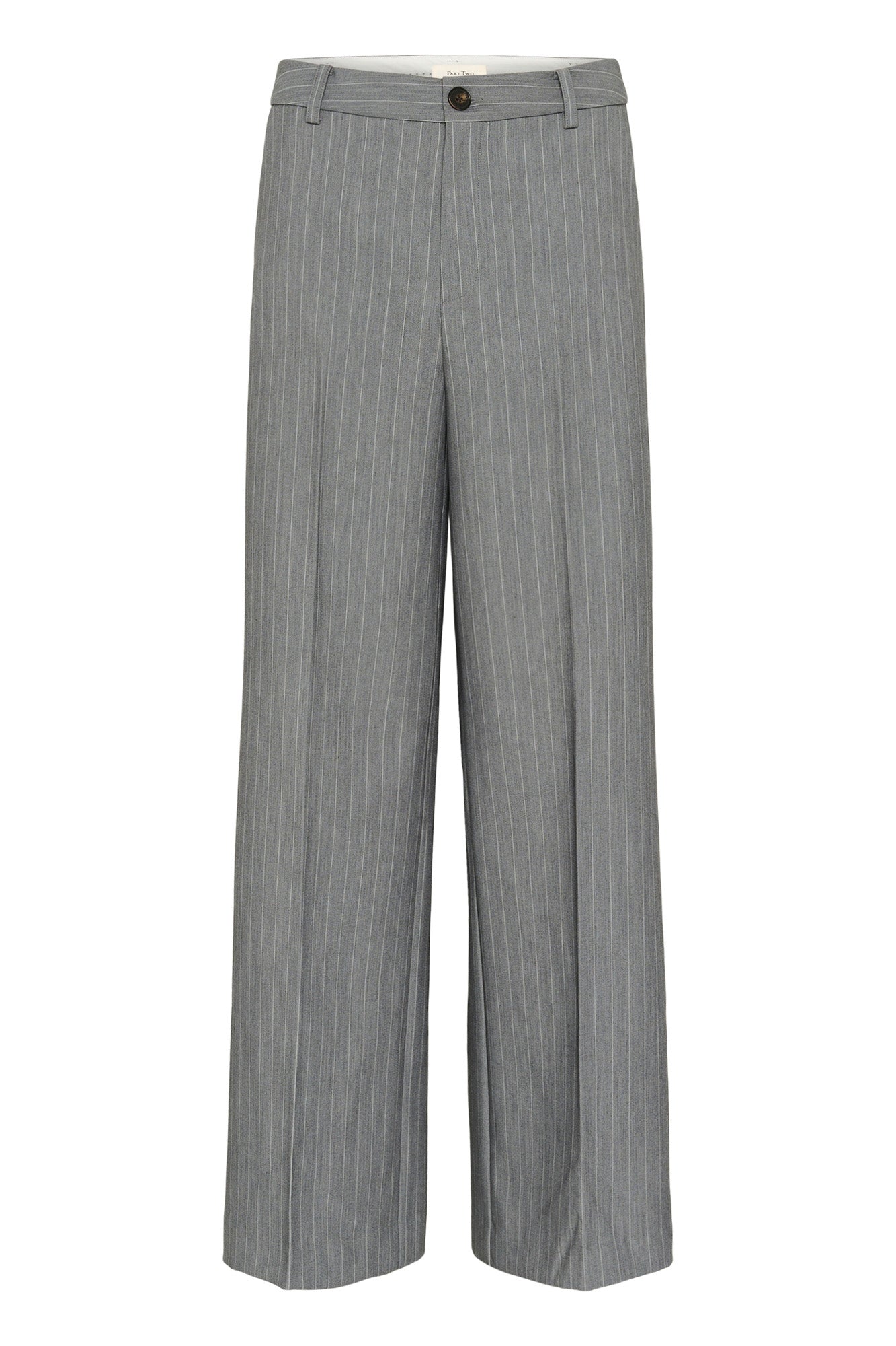 Pantalon jambe large large gris à fines rayures avec taille boutonnée et passants pour femme par Part Two, vue avant isolée