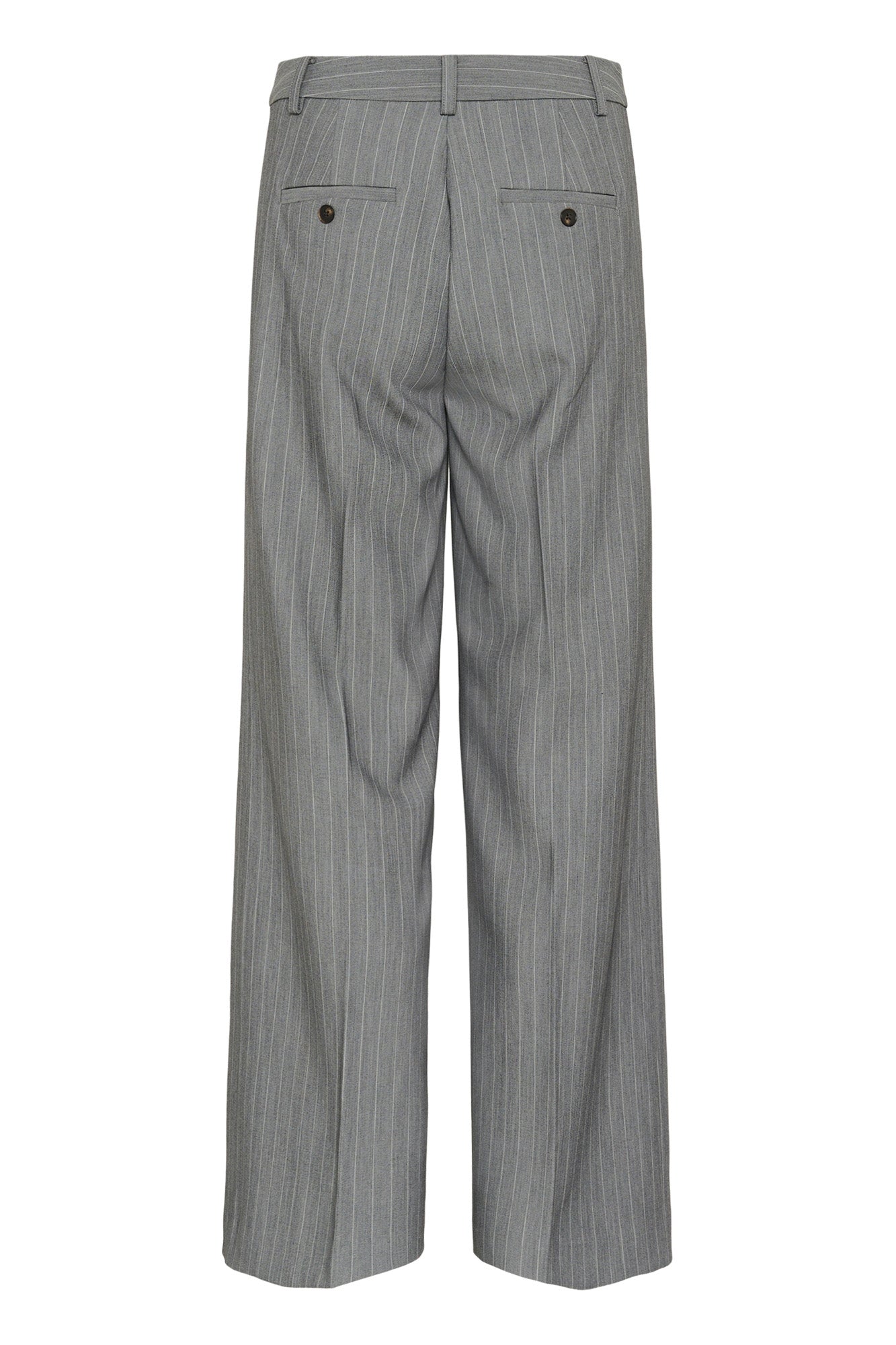 Vue arrière isolée de la pantalon jambe large large gris à fines rayures avec poches à boutons pour femme par Part Two