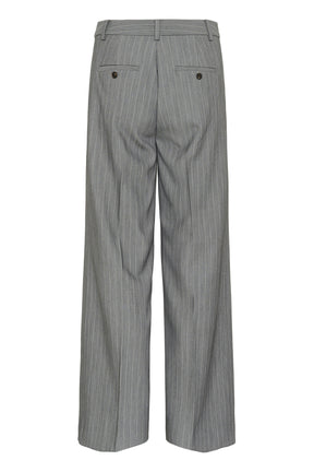 Vue arrière isolée de la pantalon jambe large large gris à fines rayures avec poches à boutons pour femme par Part Two