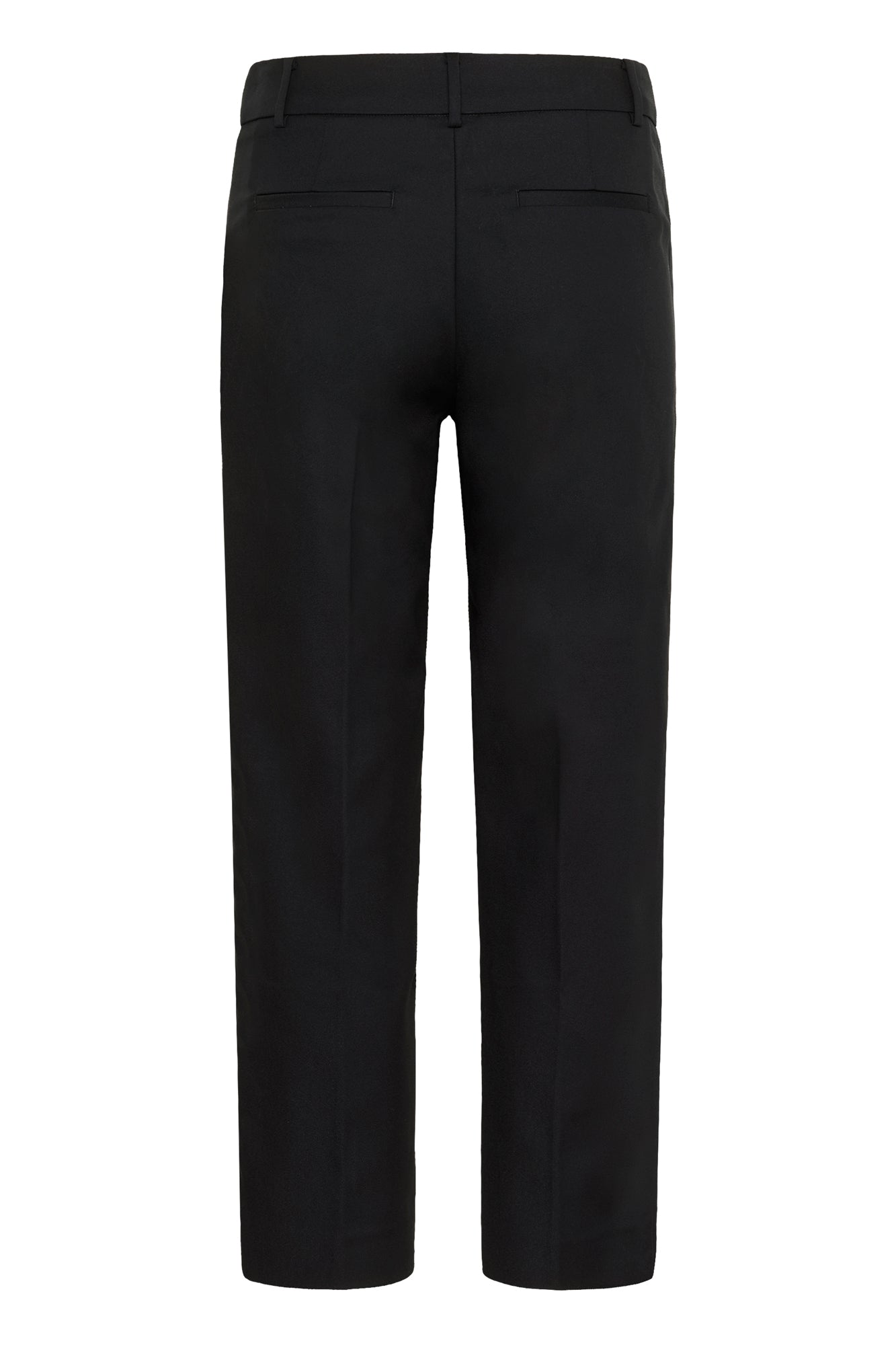 Vue arrière isolée de la pantalon jambe droite noir écourté à poches passepoilées et passants pour femme par Part Two