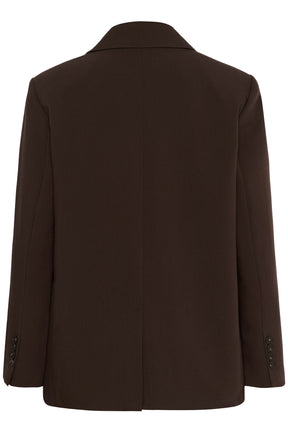 Vue arrière du veston brun foncé avec couture centrale, fente au dos et boutons aux poignets pour femme par Part Two