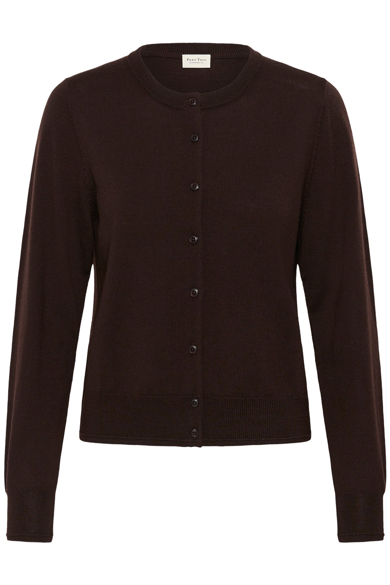 Vue isolée de face du cardigan tricoté brun foncé à encolure ronde et boutons pour femme par Part Two