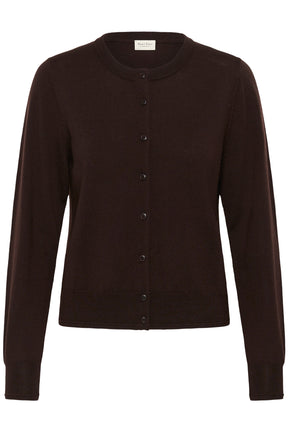 Vue isolée de face du cardigan tricoté brun foncé à encolure ronde et boutons pour femme par Part Two