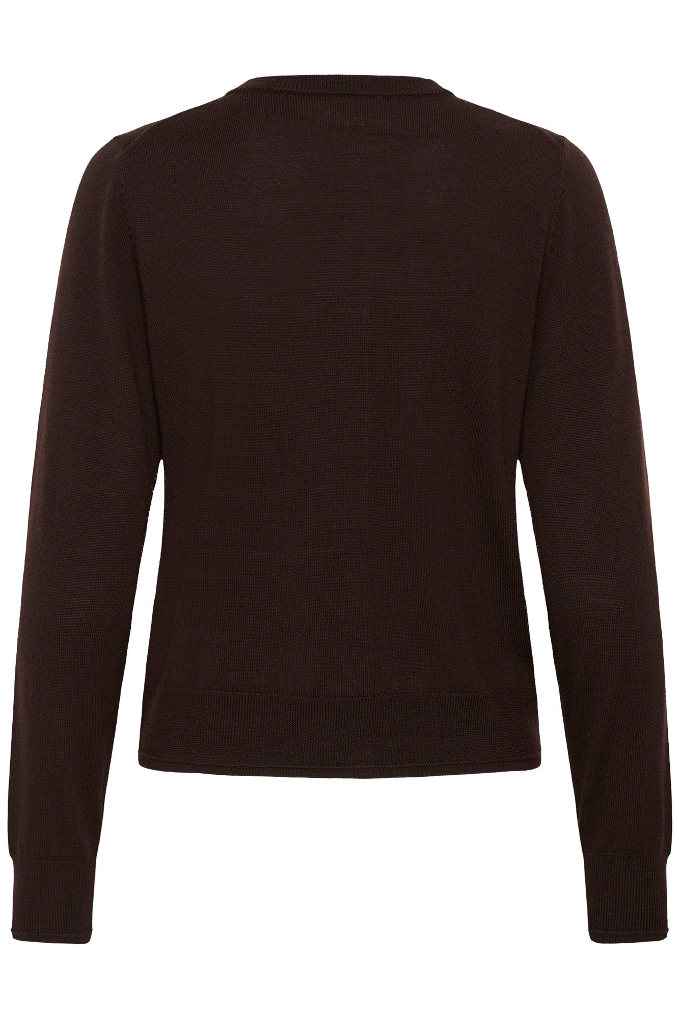 Vue isolée de dos du cardigan tricoté brun foncé à encolure ronde et ourlet côtelé pour femme par Part Two