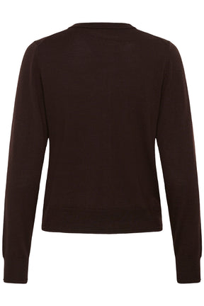 Vue isolée de dos du cardigan tricoté brun foncé à encolure ronde et ourlet côtelé pour femme par Part Two