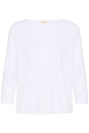 T-Shirt manches longues blanc à encolure bateau avec petite étiquette au col pour femme par Part Two, vue isolée de face