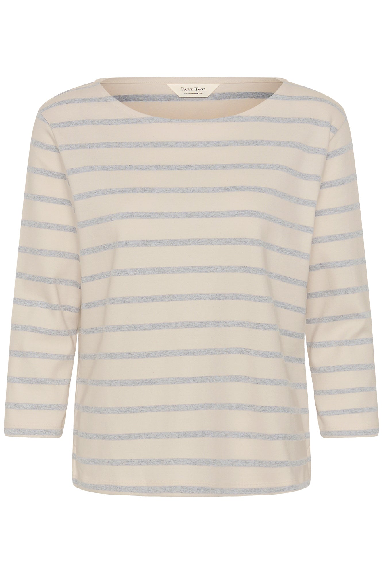 Vue isolée de face du T-Shirt crème rayé à manches longues avec encolure bateau pour femme par Part Two