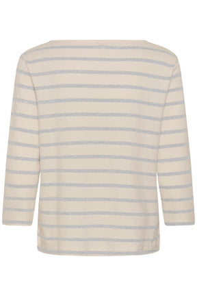 Part Two women's cream long sleeve T-Shirt with light gray-blue horizontal stripes, isolated back view