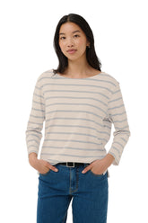 T-Shirt crème à manches longues, rayures gris bleu pâle et col bateau pour femme par Part Two, vue de face