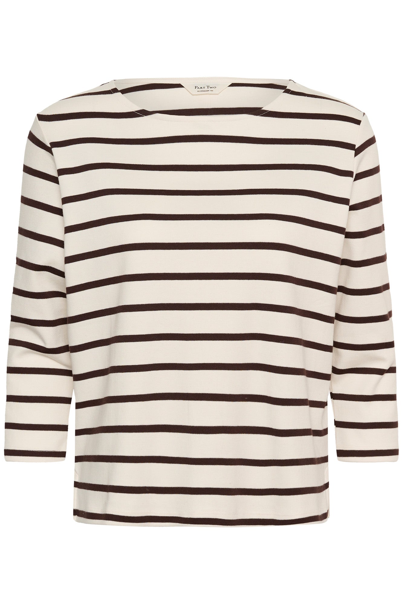 T-Shirt crème à manches longues avec rayures brun foncé et encolure bateau pour femme par Part Two, vue avant